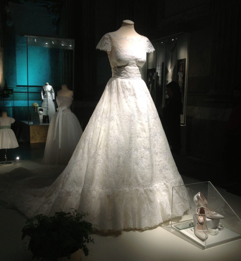 Princess Madeleine's wedding dress, designed by Valentino, and the shoes she wore. In the very background: Princess Lilian's wedding dress.