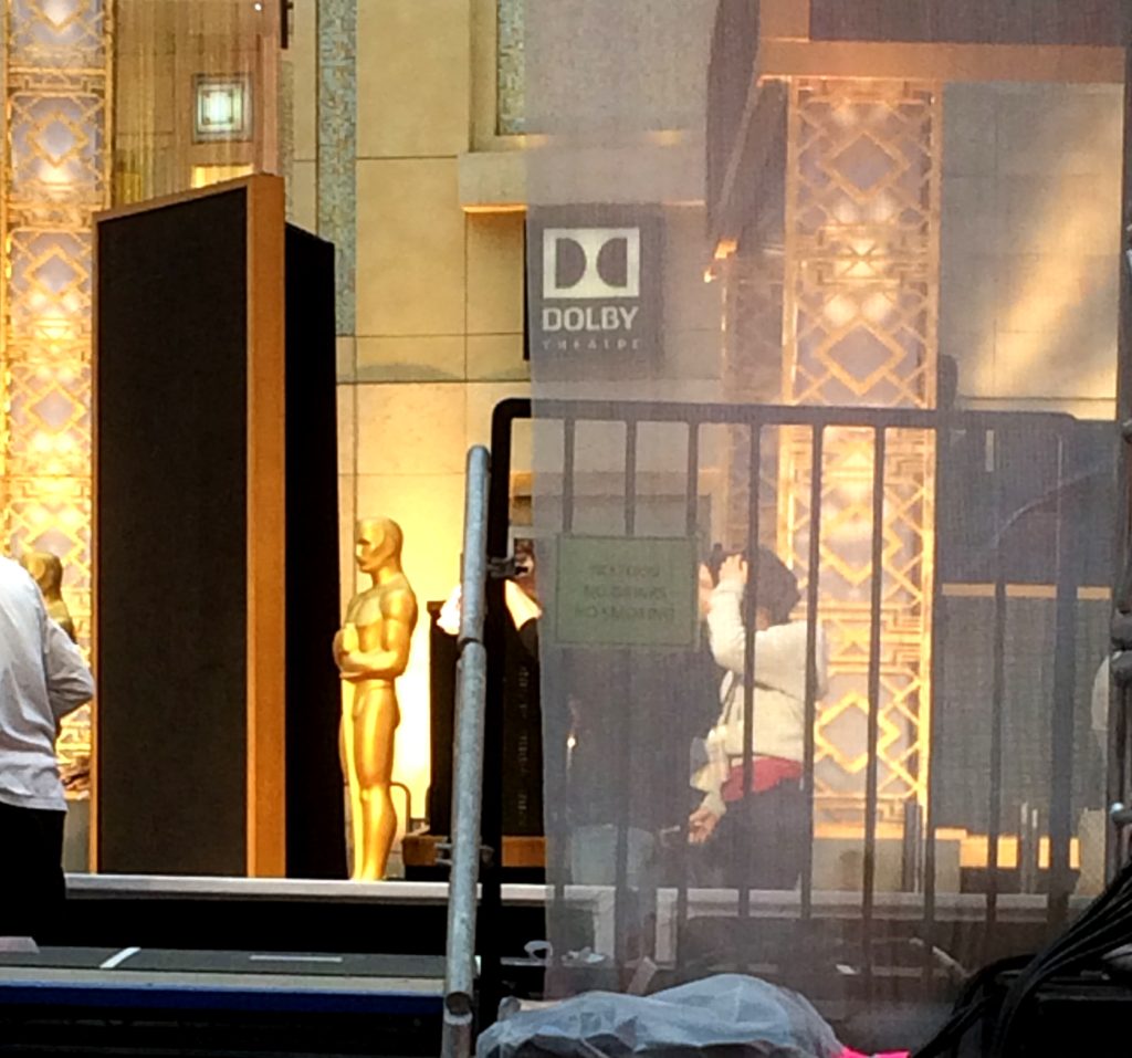 The Oscar statues are being put in place.